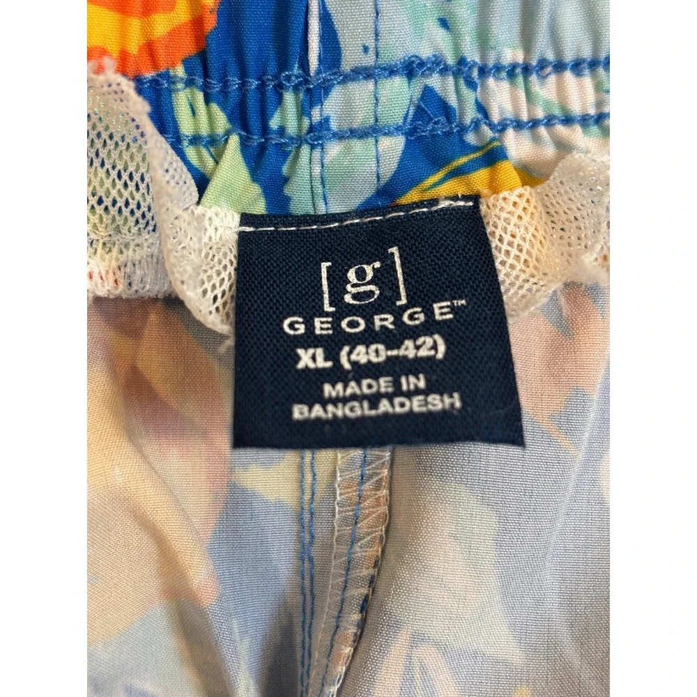 George Mens Swim Trunks XL 40-42 Blue Orange Citrus Tropical Print Mesh Lined‎
